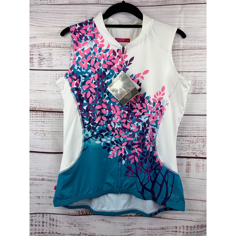 Terry Bella Sleeveless Cycling Jersey XL Cold Shoulder Floral Pink Teal 630491